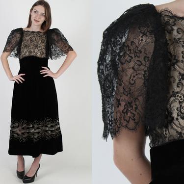 80s Nude Illusion Dress Black Floral Lace Velvet Cocktail Holiday Party Maxi Dress 