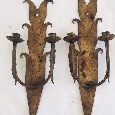 SOLD - Pair of Mid-Century Iron, Gilded Sconces.