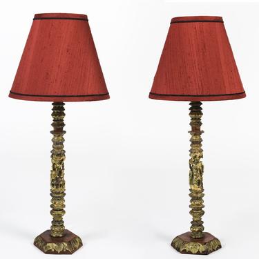 Pair of Antique, Hand Carved, Chinoiserie Console Lamps