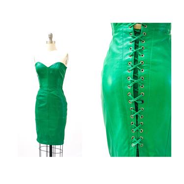 80s 90s Green Leather DressMichael Hoban North Beach Leather Lace Up Corset Strapless Dress Kelly Green Leather Corset Dress XXS XS Small 