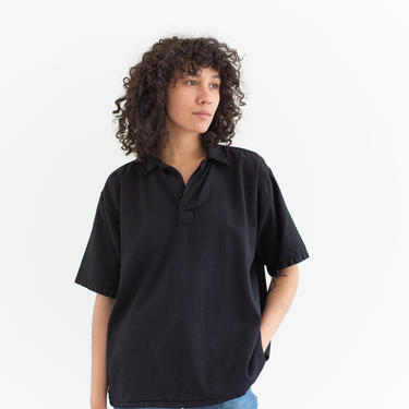 Vintage Black Boxy Popover Shirt | Overdye Cotton Wide Short sleeve Pullover | L XL 