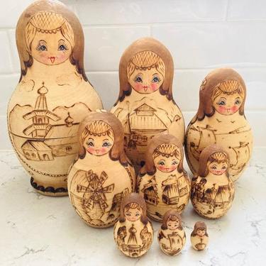 9 Piece of Vintage Wood Burned Russian Nesting Dolls of Church Design, Antique Wood Burned Russian Dolls by LeChalet