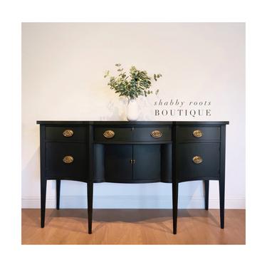 NEW! Gorgeous Black Buffet Sideboard Antique Mahogany cabinet by Baker Furniture - federal bow front Hepplewhite server with tall legs CA by Shab