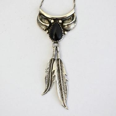 Vintage Edward Secatero Navajo sterling &amp; jet feathers affixed pendant, lovely 925 silver black teardrop elegant ES Southwestern necklace 