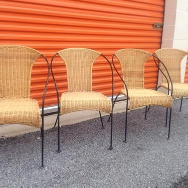 Set of Mid Century Wrought Iron and Rattan Chairs