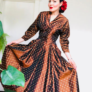 1950s Kamore polka dot metallic swing dress rockabilly pinup S 