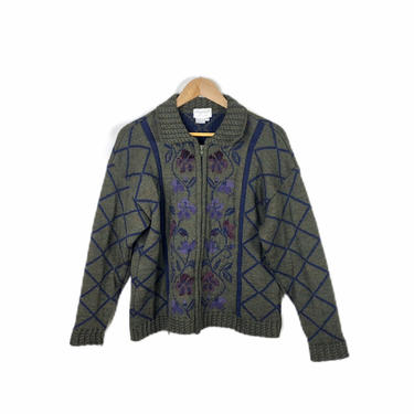 Vintage Green Purple Cherry Lewis Tapestry Cardigan Sweater, Made in England Woman&#39;s Size Medium 