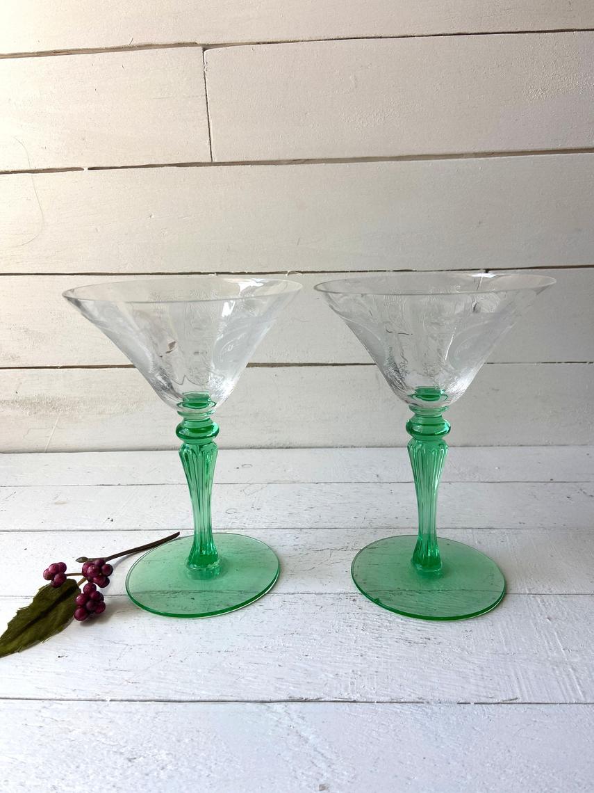 Vintage Needle Etched Green VASELINE Glass Cocktail Martini