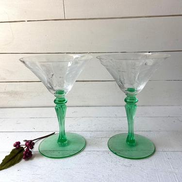 Vintage Iridescent Clear And Green Women Etched Martini Glasses, Set of 2 // Ornate Green And Clear Wine Glasses // Antique Barware 