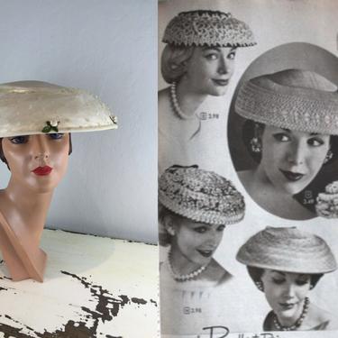 Boastful Betty's - Vintage 1950s Ivory Mushroom Dish Bouffant Wide Brim Hat w/Netting Rosebuds 