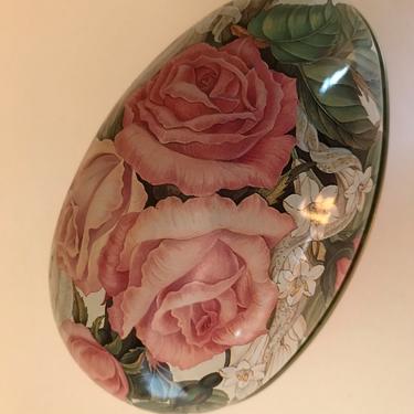 Vintage Egg shaped Rose Flowered  - Easter Egg Candy Tin 5&amp;quot; 