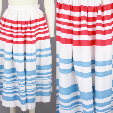 1950s Striped Skirt | Vintage 50s Cotton Skirt in White, Red, &amp; Blue | xxs 