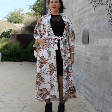 Vintage 80s Kimono Robe, Large Women, Off White Silk, Multicolor Print 
