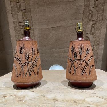 Ceramic Art Glazed Pottery Table Lamps Carved Wheat by Wishon-Harrell 1970s Calif 