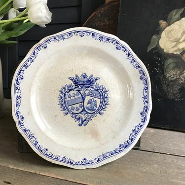 French Faïence Plate, Indigo Blue White Gien Ironstone, Crest, Crown, French Farmhouse, Farm Table 