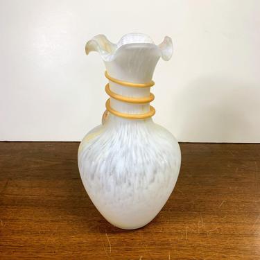 Vintage Frosted Glass Splatter Applied Glass Cream and White Art Glass Vase 