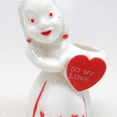 Antique 1950's Valentine Candy Container, Girl Holding Valentine, TO MY LOVE, Vintage Mid Century Retro Decor 