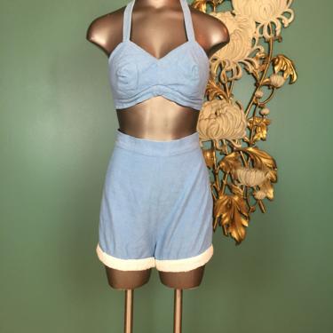 1940s playsuit, vintage swimwear, 2 piece set play set, shorts and bra top, chambray cotton, Terry cloth, 25 waist, size small, halter top 