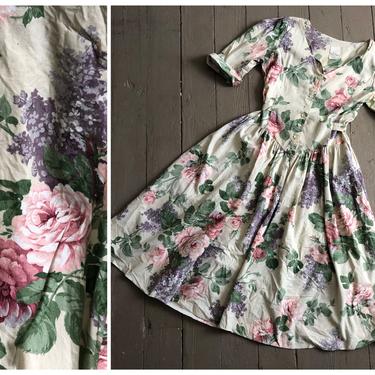 vintage ‘80s floral tea dress, garden party dress, cotton floral print dress, garden floral dress, full skirt, vintage rose print dress 