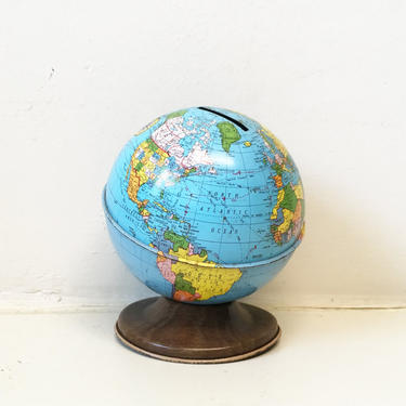 1950s 1960s Ohio Art Tin Litho World Globe Map Vintage Tin Toy Penny Bank 