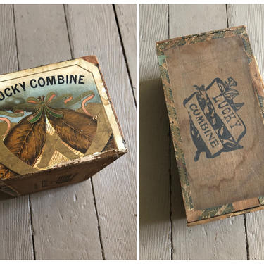 antique wooden cigar box with lid | LUCKY COMBINE lidded wood collectible box 