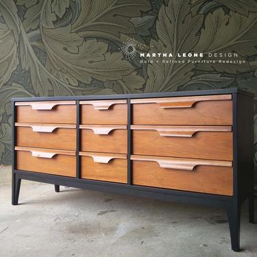 #471: FINISHED AND AVAILABLE       Mid Century Triple Dresser in Black and Medium Walnut
