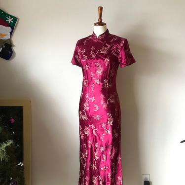 Vintage red burgundy Chinese cheongsam maxi dress size medium 