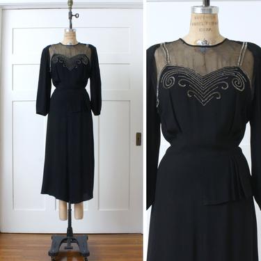volup vintage 1940s rayon dress • sheer black net illusion neckline with sequins & beadwork • forties hip swag dress 