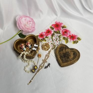 Vintage Jewelry Box &amp; Costume Jewelry Lot / Gold Heart Shape Trinket Box / Rhinestone Bracelet Pearl Necklace Gold Brooch Cloisonne Earrings 