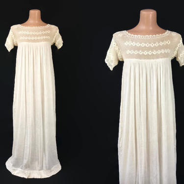 VINTAGE 1910s 1920s Antique Edwardian Night Dress Crochet Lace Bodice Chemise | Long Flowing Nightgown | BOHO Cottagecore Bridal Lingerie 