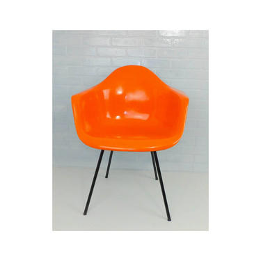 Chair Mid Century Modern Chair Molded Fiberglass Chair Orange &amp; Black Refurbished Egg Eames Miller Wrought Iron Base Seat MCM Pop Of Color 
