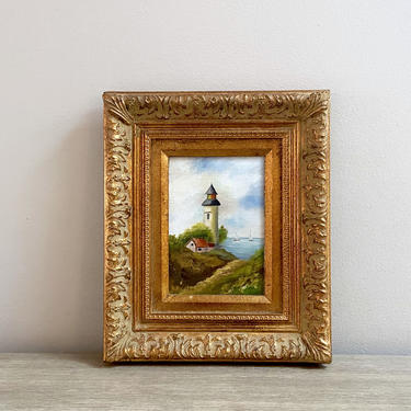 Small Seascape Oil Painting Original Signed New England Lighthouse Nautical Decor 