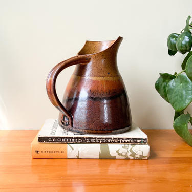 Vintage Mid Century Studio Pottery Pitcher / Hand Thrown Artist Signed Jug with Spout / Large Earth Tone 60s Rustic Primitive 