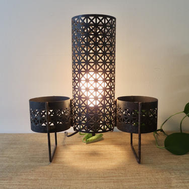 Mid Century Lamp - Rare Black Iron Lamp with Side Candle Holders - Vintage Patio Lamp - Black Patio Lamp - Table Lamp - Vintage Lamp 