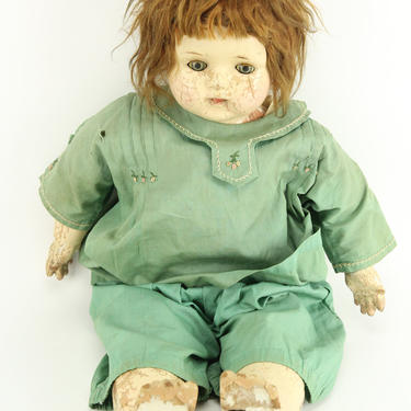 Antique Acme Toy Co. Composition Baby Doll with Green Clothes, 24&amp;quot; 