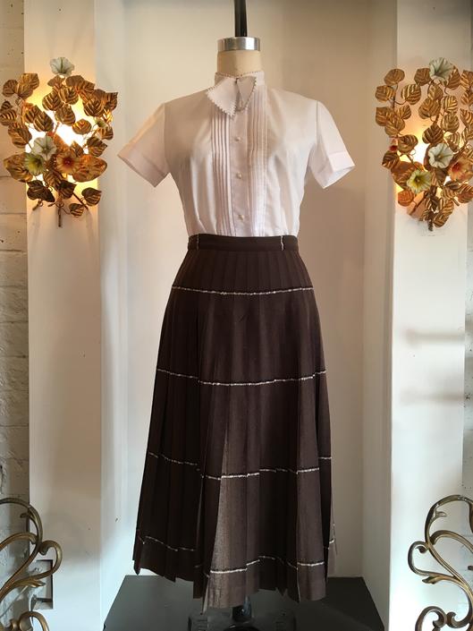 Brown  pleated skirt 80s vintage 40 size fall  autumn skirt