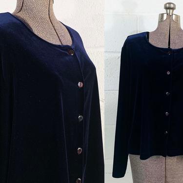 Vintage Velvet Blue Shirt Cardigan Long Sleeve Button Up Dark Navy Velour More En Focus Jewel Tone Basics 1990s 90s y2k Medium Large 