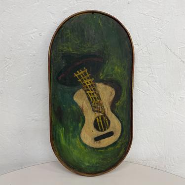 Green Guitar Artwork painted on Wood Vintage Wall Art Plaque 1970s 