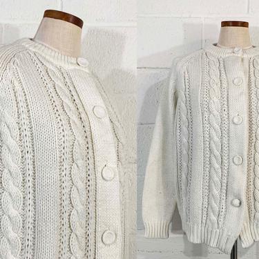 Vintage 70s Full Fashion Ivory Cardigan Cable Knit Long Sleeve Sweater Knit Buttons Basic Staple Capsule Winter White 1970s Large XL XXL 