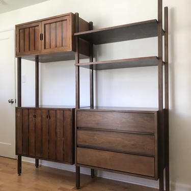 Free Shipping Within US - Stanley’s Mid Century Modern Room Divider Unit Free Standing Solid Wood with Three Drawer Dresser and Cabinet 
