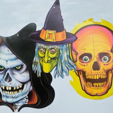 Vintage Beistle Halloween Party Trio Die Cuts, Witch/Hag, 1983 Skull With Hood, Florescent Skull, Spooky Scary Halloween Decor 