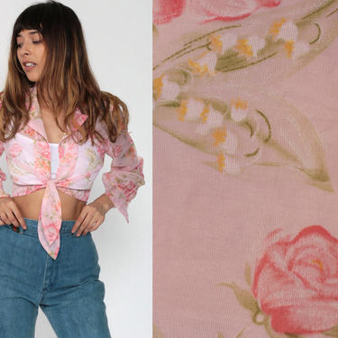 Sheer Cropped Shirt 70s Pink FLORAL Blouse Crop Top Bohemian Tie Waist Open Front Long Sleeve Top Boho Print 1970s Collared Small Medium 