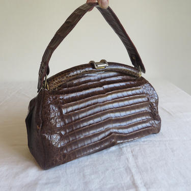 Vintage 1940's 50's Brown Alligator Purse Handbag Top Handle Large Prado Bags Mexico 