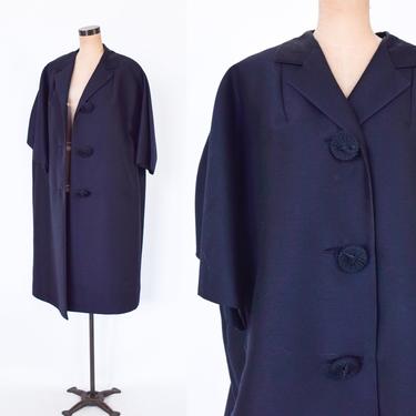 1950s Black Evening Coat | 50s Black Dupioni  Silk Coat | I.Magnin Large 