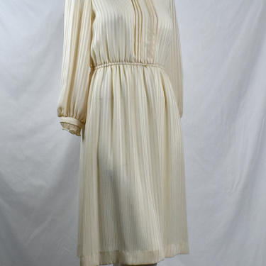 Vintage High Neck Secretary Dress with Tuxedo Styling in Champagne Stripes - Size Large 