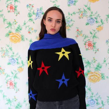 Vintage 1980s Primary Color Retro Knit Sweater with Star Pattern and Blue Turtleneck by Obermeyer, Size Small, 100% Wool 