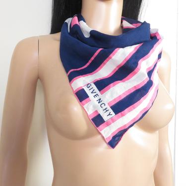 Vintage 60s Givenchy Designer Cotton Neon Pink And Navy Blue Squares And Stripes Mod Square Scarf 