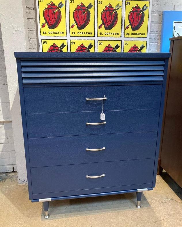 Classic, blue painted mid century chest of drawers. 4 drawers 34” x 18” x 43.5” 