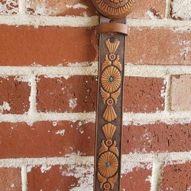 Vintage 80s Tooled Leather Belt W/turquoise and red  Western Size 30 to 34 Unisex 