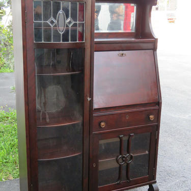 Solid Cherry Side by Side Bookcase Display Cabinet with Secretary Desk 1329